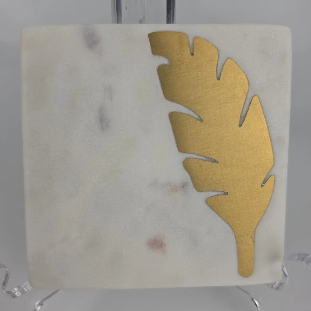 White Marble Coasters Set of 4 Gold Brass Leaf Inlay Square Decor
